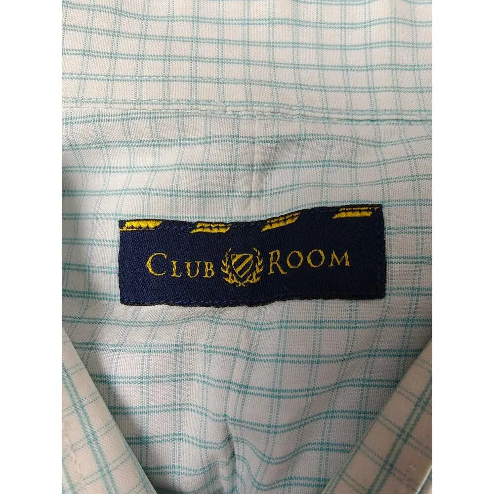 Men’s Club Room Dress Shirt White Aqua Check Size 17.5 36/37
